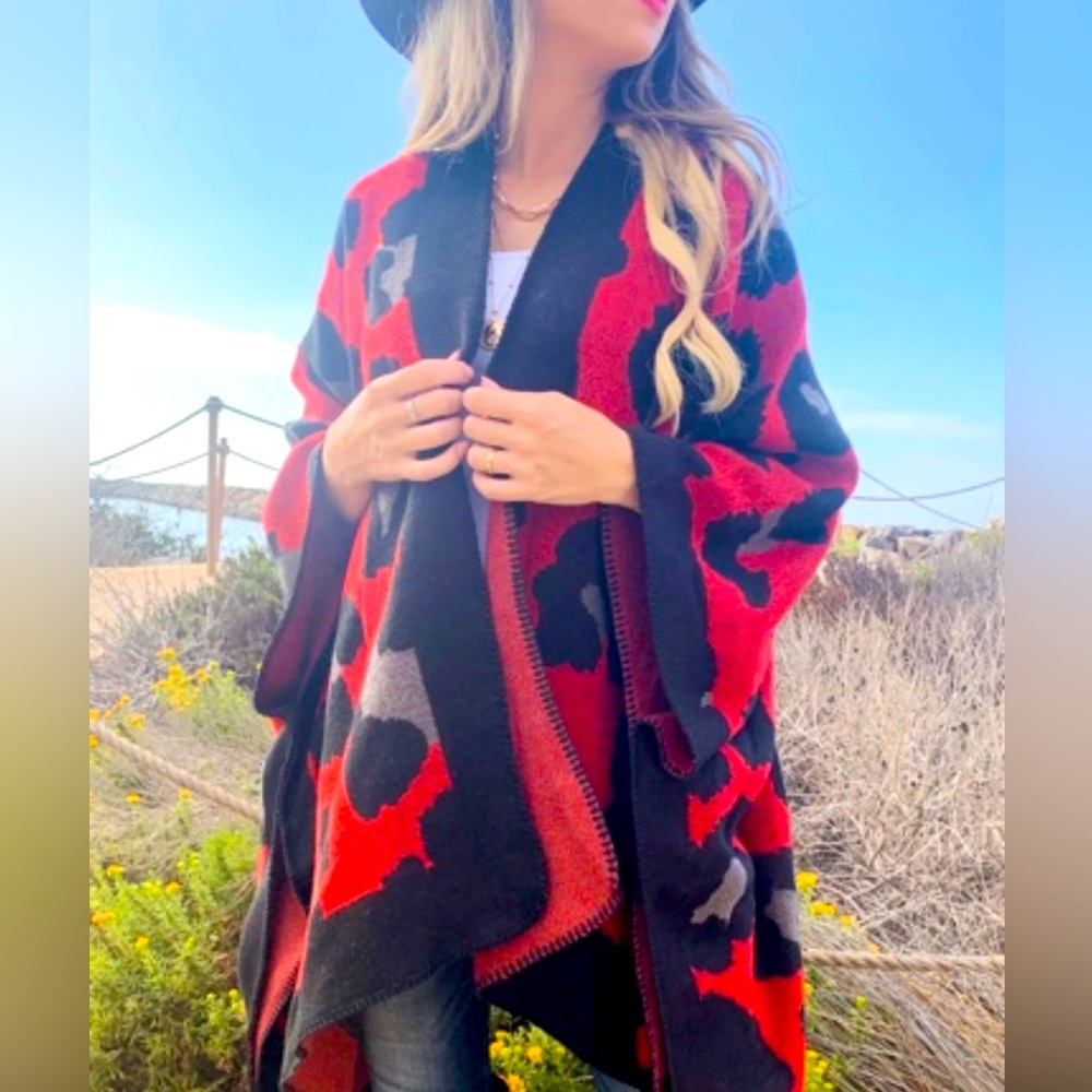 Red Leopard Printed Knitted Cozy Cardigan